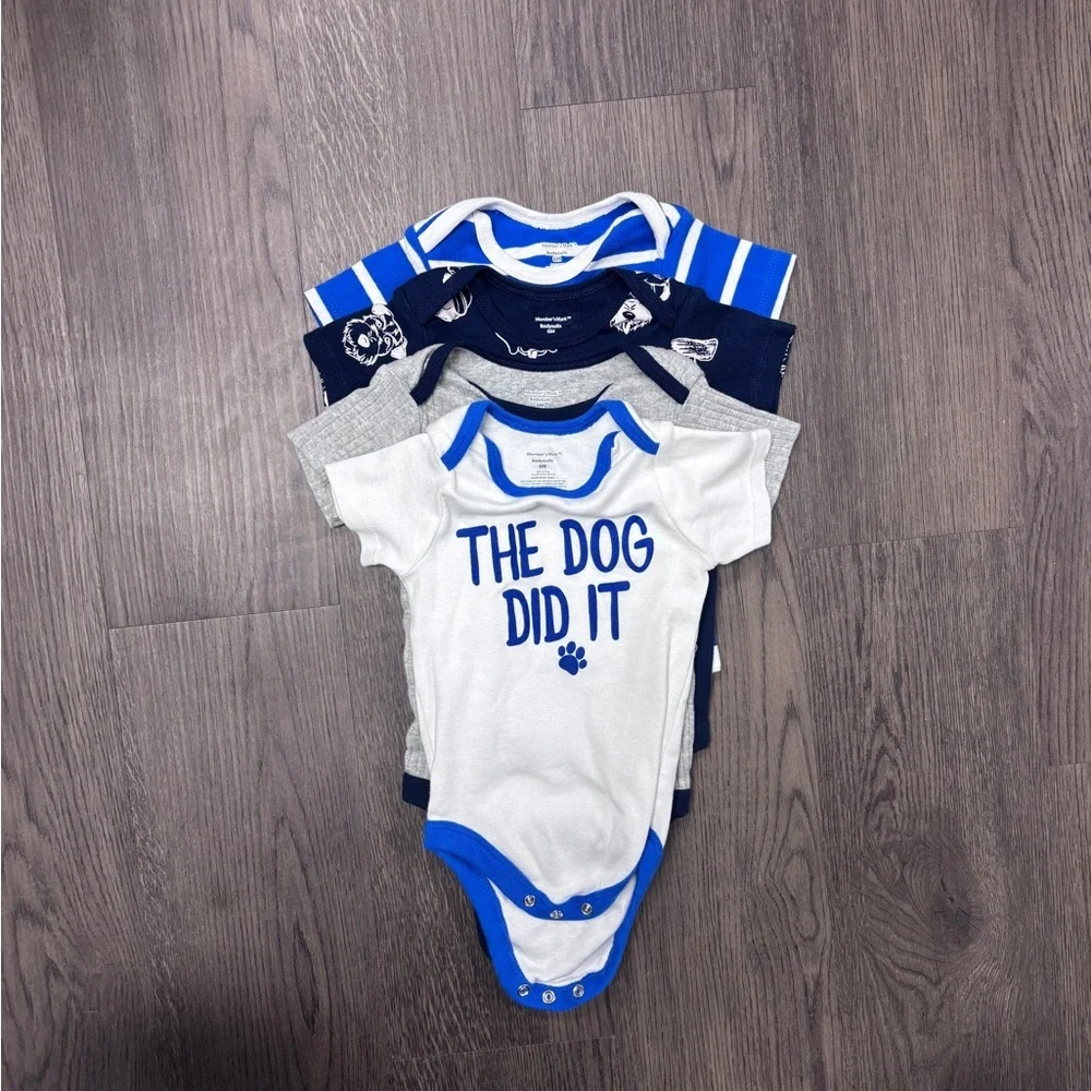 NWOT Member’s Mark 6 month Baby Bodysuits Set x4 in Blues, Gray, and White